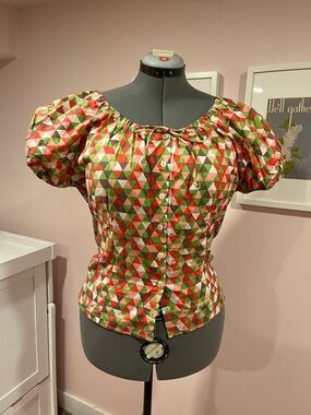 Womens Puff Sleeve Button-Front Top in Red, Green & Cream peasant top harlequin